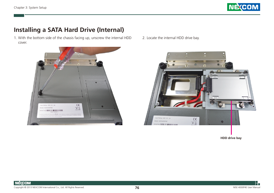 Installing a sata hard drive (internal) | NEXCOM NISE 4000P4E User Manual | Page 91 / 128