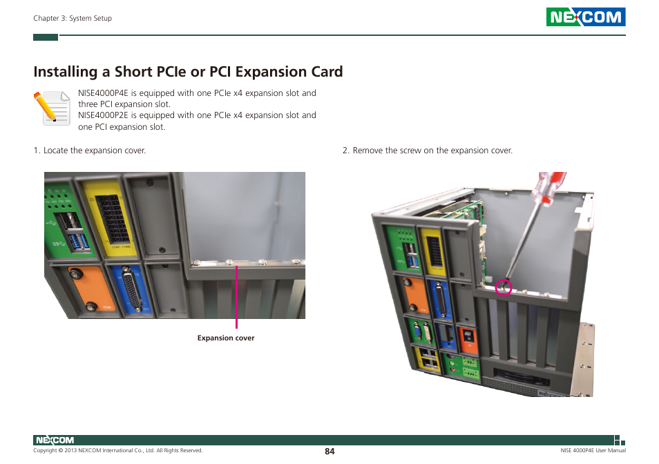 Installing a short pcie or pci expansion card | NEXCOM NISE 4000P4E User Manual | Page 99 / 128