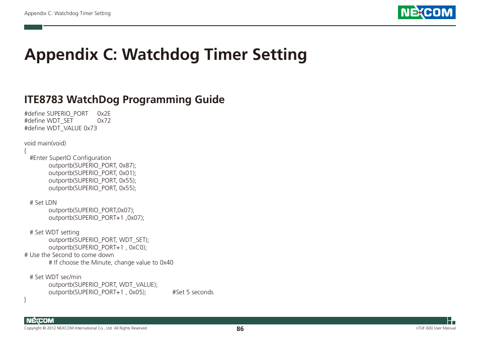 Appendix c: watchdog timer setting, Ite8783 watchdog programming guide | NEXCOM nTUF 600 User Manual | Page 100 / 100