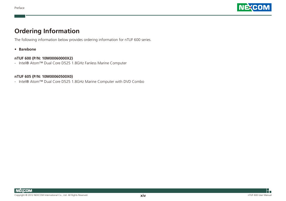 Ordering information | NEXCOM nTUF 600 User Manual | Page 14 / 100