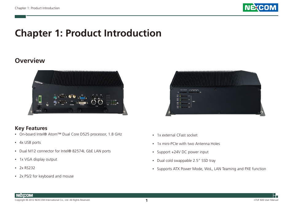 Chapter 1: product introduction, Overview, Key features | NEXCOM nTUF 600 User Manual | Page 15 / 100