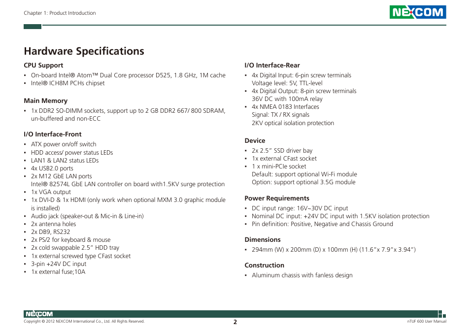 Hardware specifications | NEXCOM nTUF 600 User Manual | Page 16 / 100