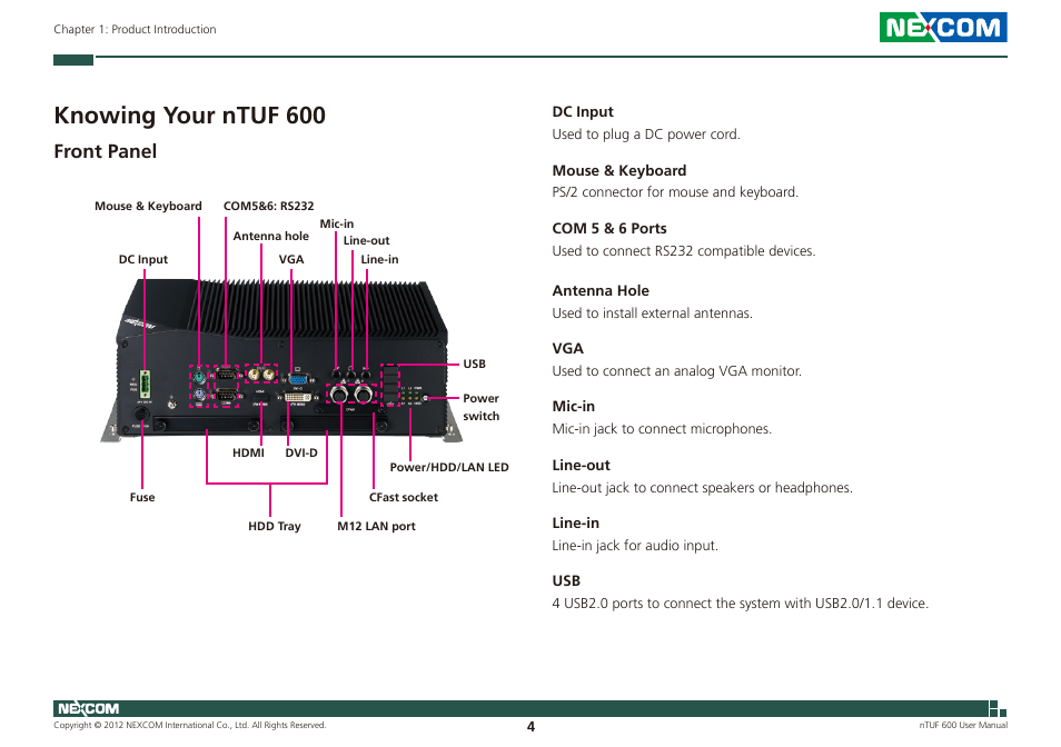 Knowing your ntuf 600, Front panel | NEXCOM nTUF 600 User Manual | Page 18 / 100