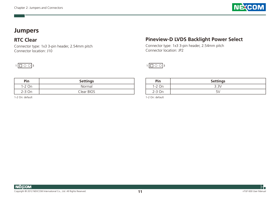 Jumpers, Rtc clear pineview-d lvds backlight power select, Rtc clear | Pineview-d lvds backlight power select | NEXCOM nTUF 600 User Manual | Page 25 / 100