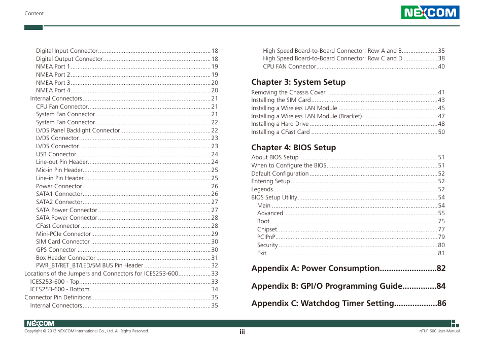 Chapter 3: system setup, Chapter 4: bios setup | NEXCOM nTUF 600 User Manual | Page 3 / 100
