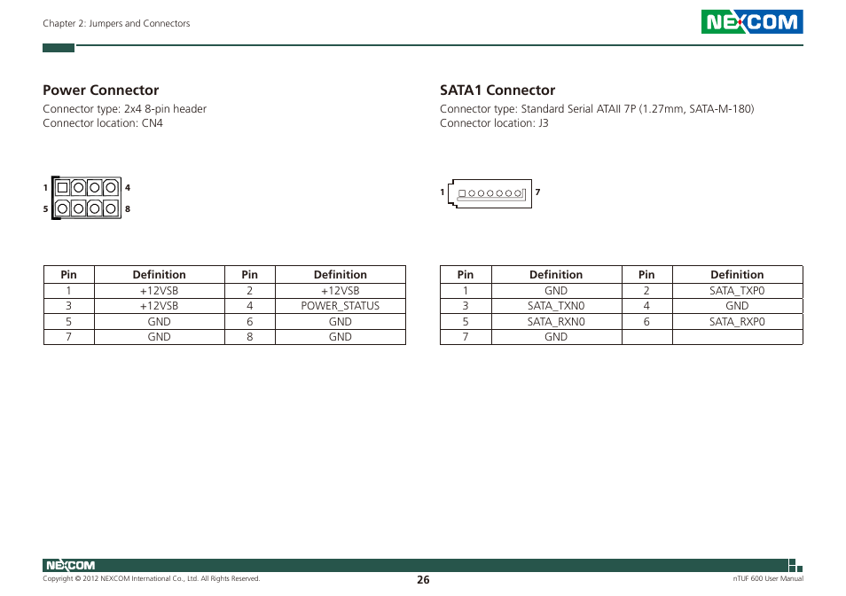 Power connector sata1 connector, Power connector, Sata1 connector | NEXCOM nTUF 600 User Manual | Page 40 / 100