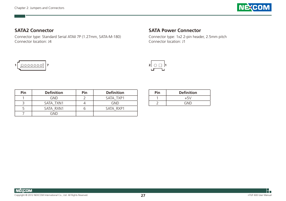 Sata2 connector sata power connector, Sata2 connector, Sata power connector | NEXCOM nTUF 600 User Manual | Page 41 / 100