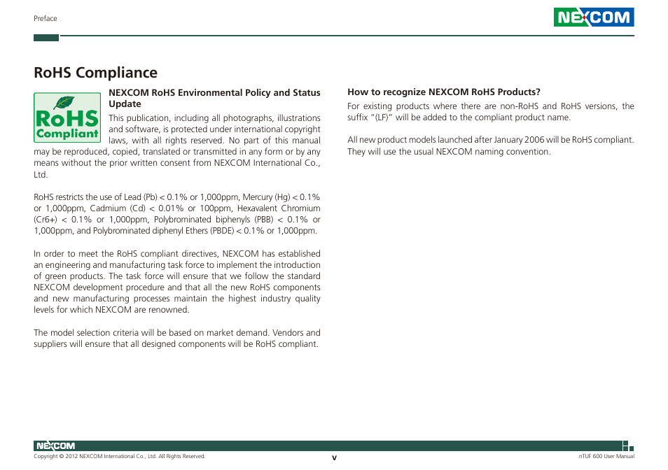 Rohs compliance | NEXCOM nTUF 600 User Manual | Page 5 / 100