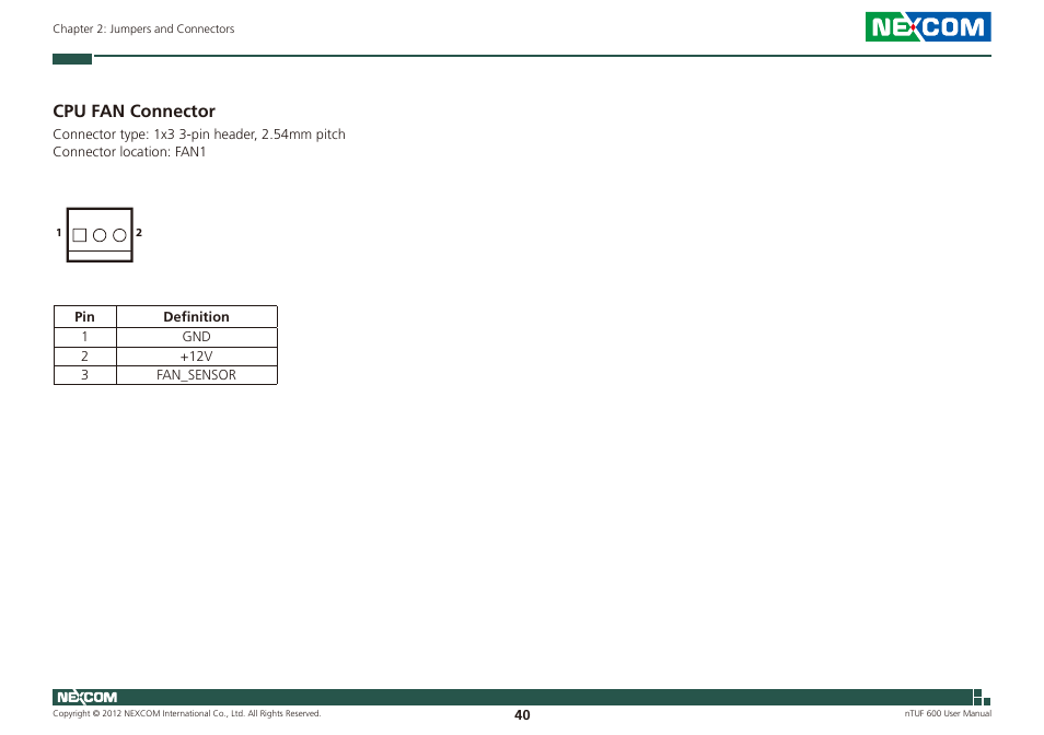 Cpu fan connector | NEXCOM nTUF 600 User Manual | Page 54 / 100