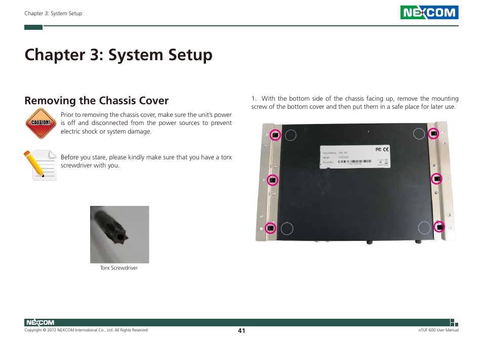 Chapter 3: system setup, Removing the chassis cover | NEXCOM nTUF 600 User Manual | Page 55 / 100