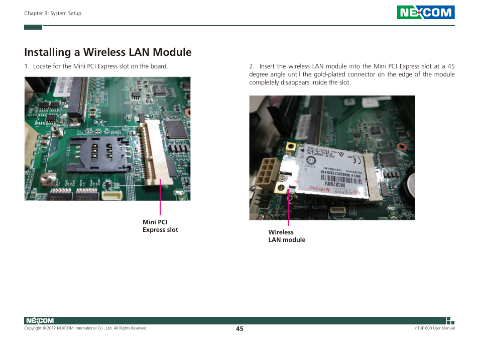 Installing a wireless lan module | NEXCOM nTUF 600 User Manual | Page 59 / 100
