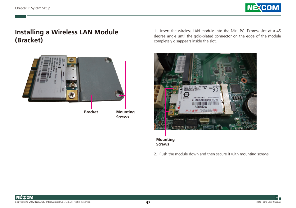 Installing a wireless lan module (bracket) | NEXCOM nTUF 600 User Manual | Page 61 / 100