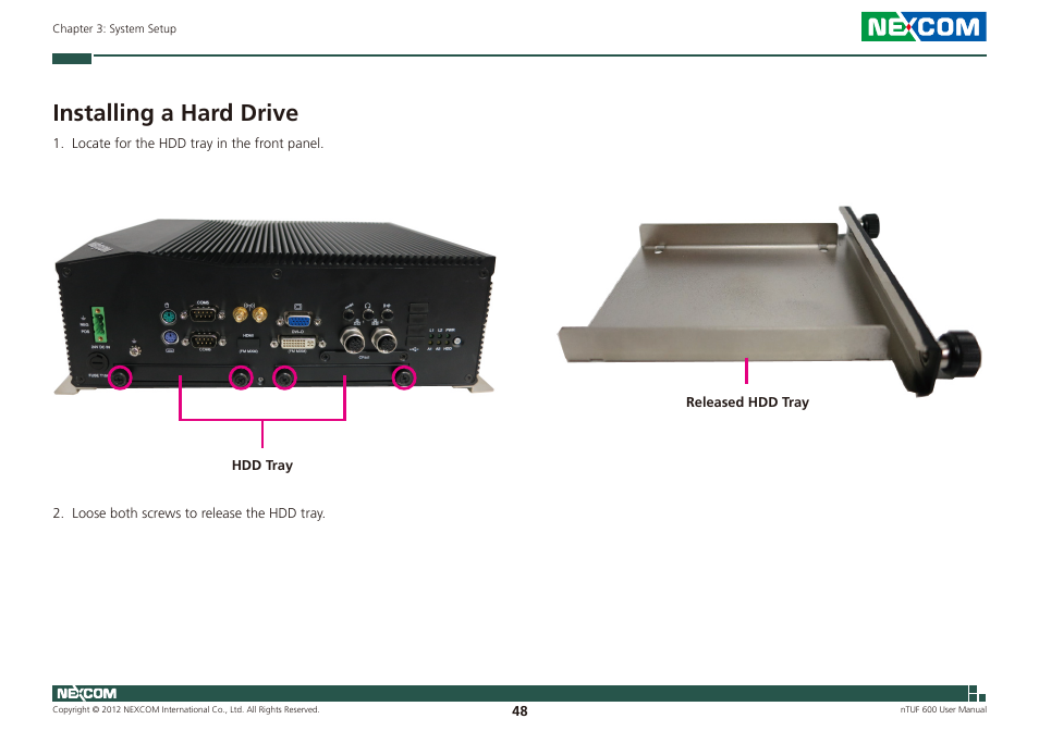 Installing a hard drive | NEXCOM nTUF 600 User Manual | Page 62 / 100