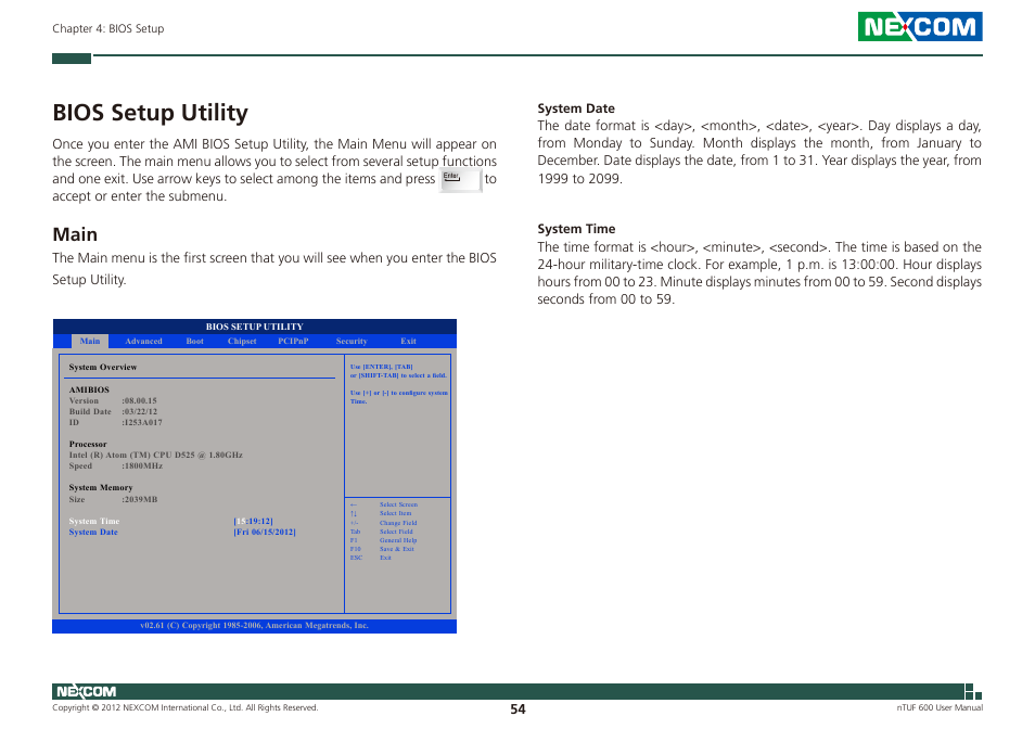 Bios setup utility, Main | NEXCOM nTUF 600 User Manual | Page 68 / 100