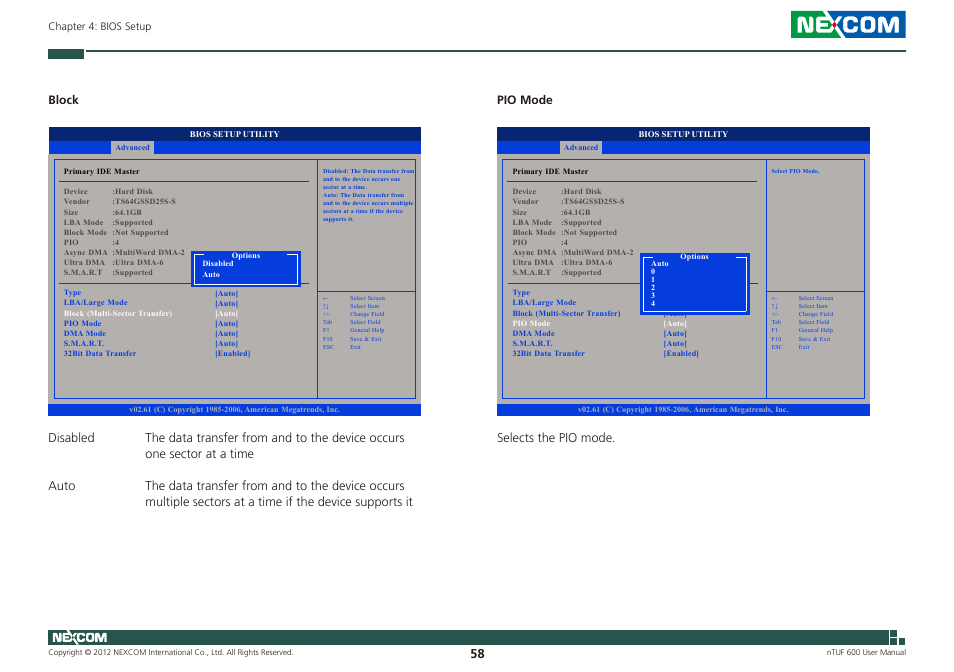 Pio mode selects the pio mode | NEXCOM nTUF 600 User Manual | Page 72 / 100
