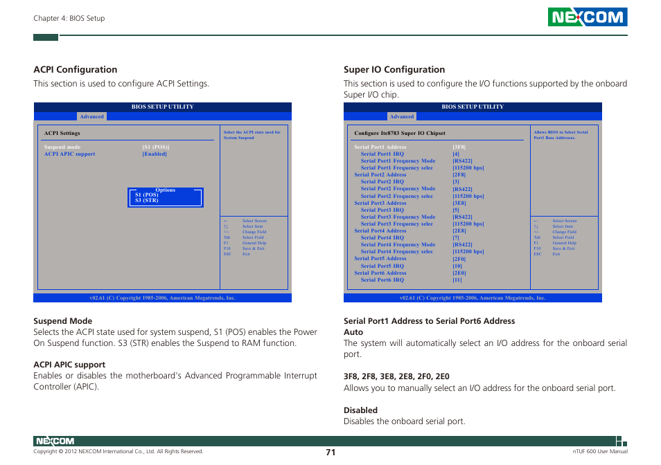 Acpi configuration, Super io configuration | NEXCOM nTUF 600 User Manual | Page 85 / 100