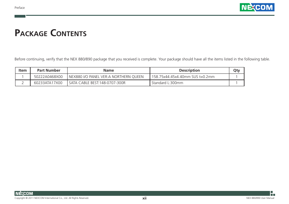Ackage, Ontents | NEXCOM NEX 880 User Manual | Page 12 / 58