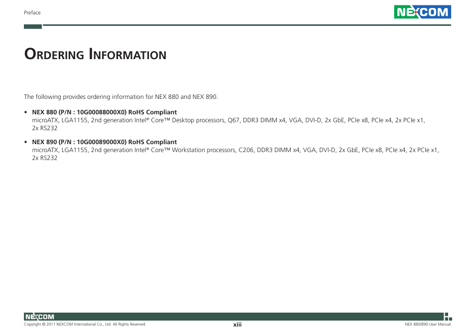 Rdering, Nformation | NEXCOM NEX 880 User Manual | Page 13 / 58