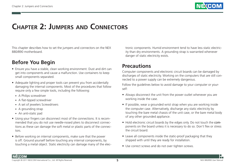 Hapter, Umpers, Onnectors | Before you begin, Precautions | NEXCOM NEX 880 User Manual | Page 18 / 58