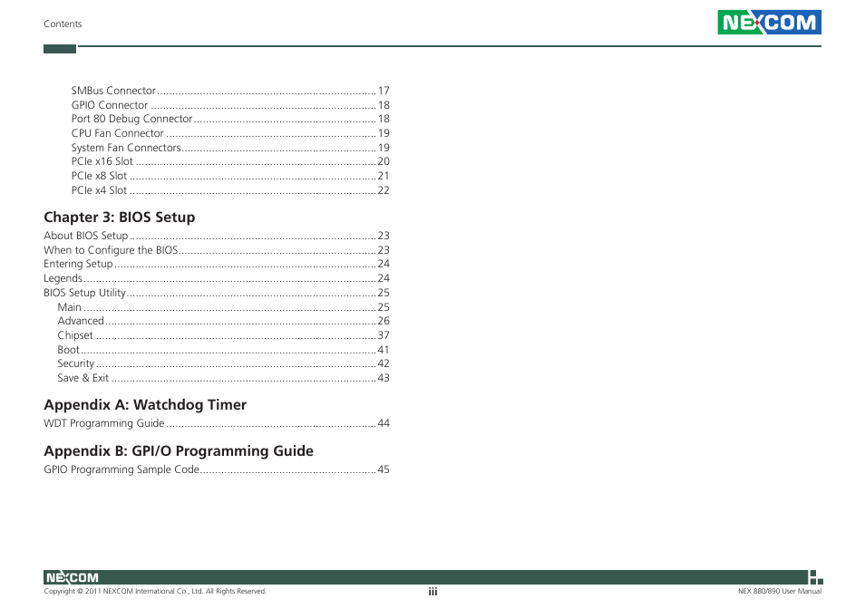 Chapter 3: bios setup, Appendix a: watchdog timer, Appendix b: gpi/o programming guide | NEXCOM NEX 880 User Manual | Page 3 / 58
