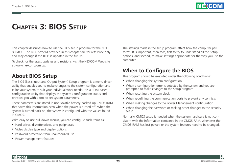 Bios s, Hapter, Etup | About bios setup, When to configure the bios | NEXCOM NEX 880 User Manual | Page 36 / 58
