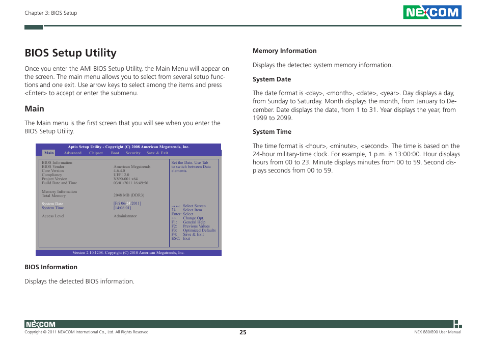 Bios setup utility, Main | NEXCOM NEX 880 User Manual | Page 38 / 58
