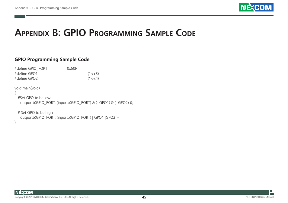 B: gpio p, Ppendix, Rogramming | Ample | NEXCOM NEX 880 User Manual | Page 58 / 58