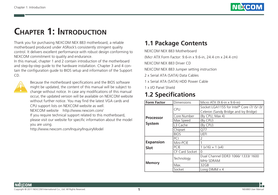 Hapter, Ntroduction, 1 package contents | 2 specifications | NEXCOM NEX 883 User Manual | Page 12 / 53