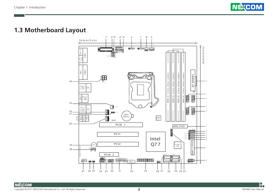 3 motherboard layout, Intel q7 7, Hdled r eset pled pwrbt n | Tpm1 1, Chapter 1: introduction | NEXCOM NEX 883 User Manual | Page 14 / 53