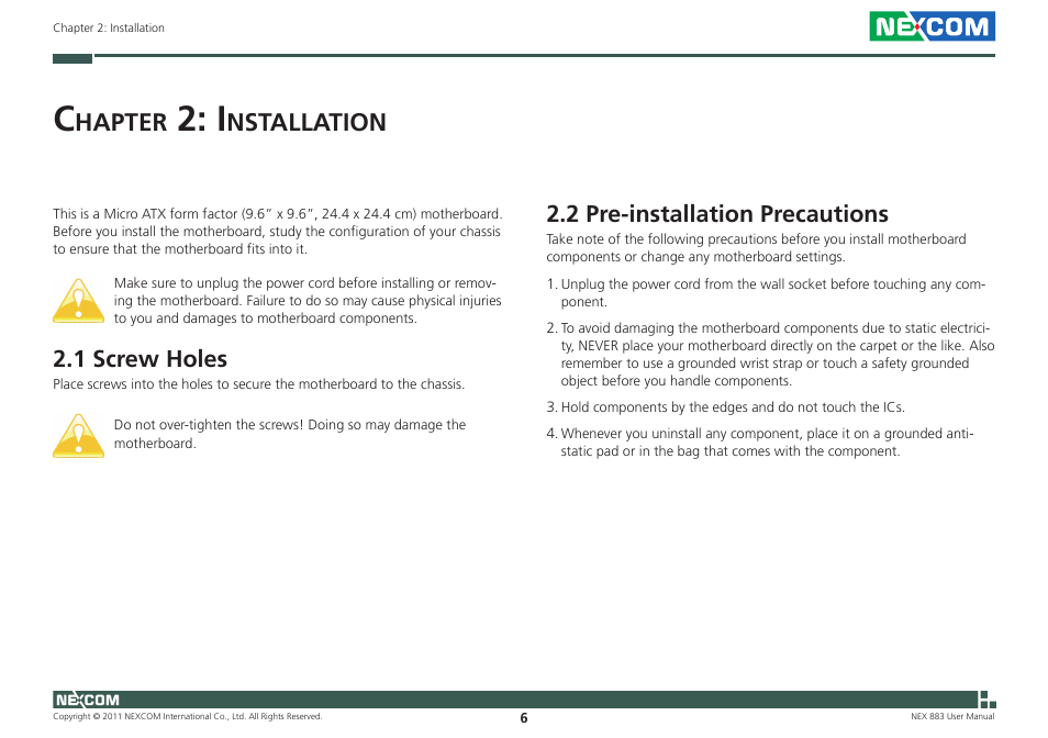 Hapter, Nstallation, 1 screw holes | 2 pre-installation precautions | NEXCOM NEX 883 User Manual | Page 17 / 53