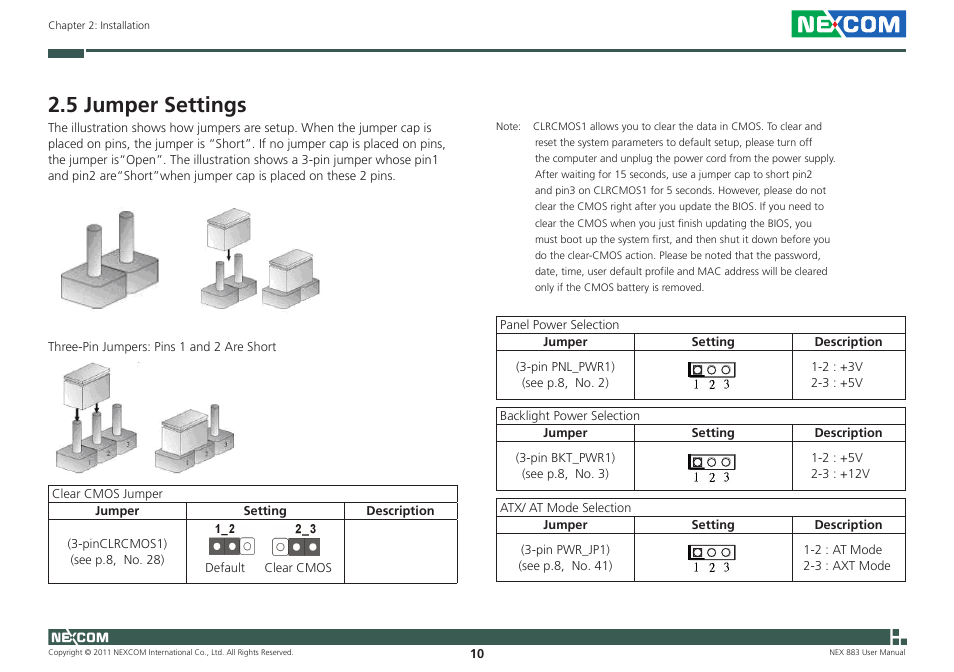 5 jumper settings | NEXCOM NEX 883 User Manual | Page 21 / 53