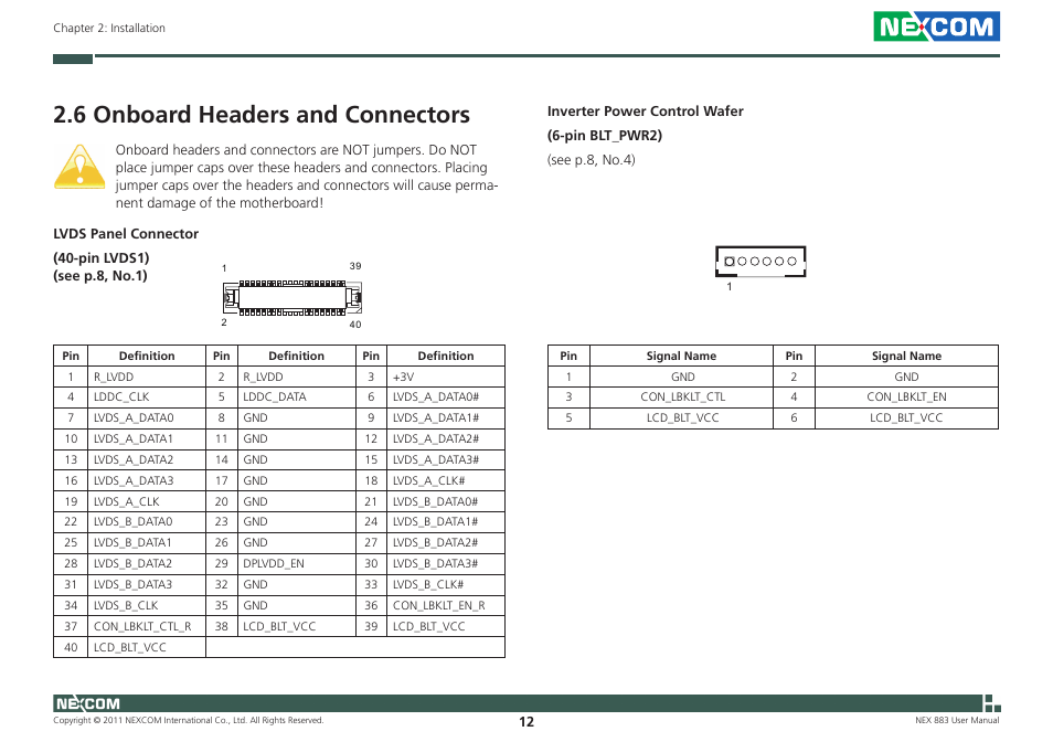 6 onboard headers and connectors | NEXCOM NEX 883 User Manual | Page 23 / 53