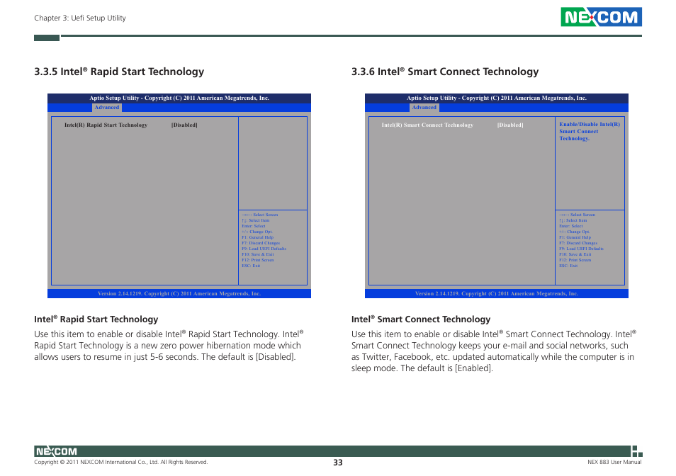 5 intel, Rapid start technology 3.3.6 intel, Smart connect technology | NEXCOM NEX 883 User Manual | Page 44 / 53