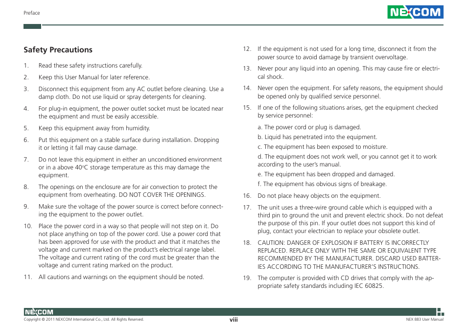 Safety precautions | NEXCOM NEX 883 User Manual | Page 8 / 53