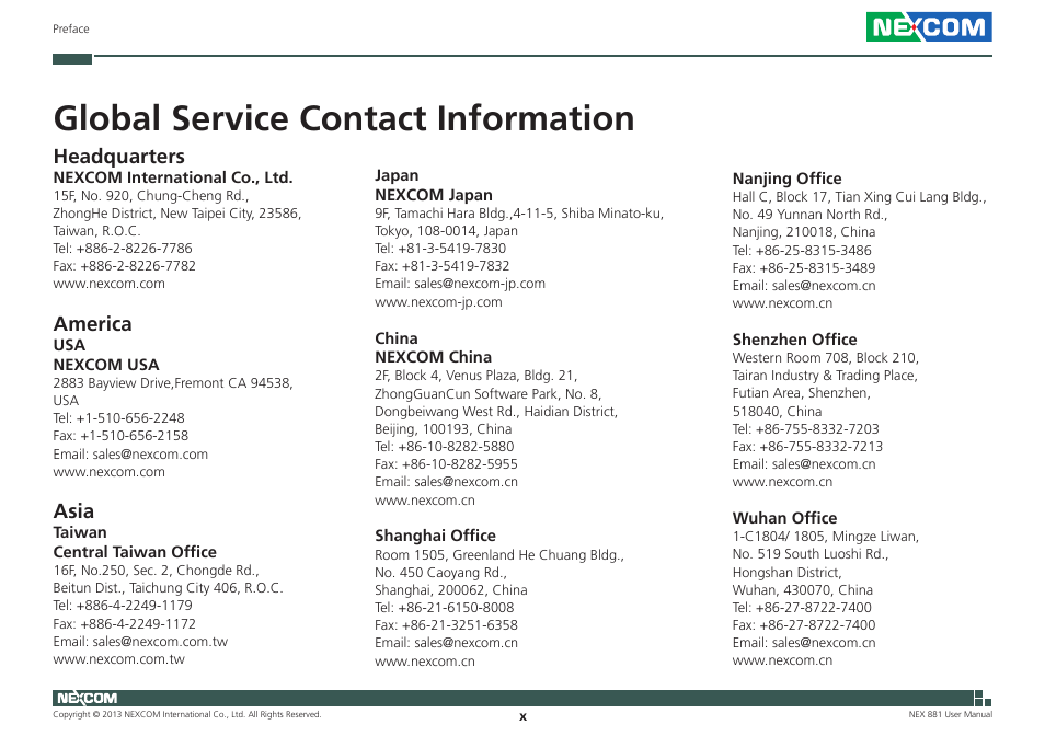 Global service contact information, Headquarters, America | Asia | NEXCOM NEX 980 User Manual | Page 10 / 52