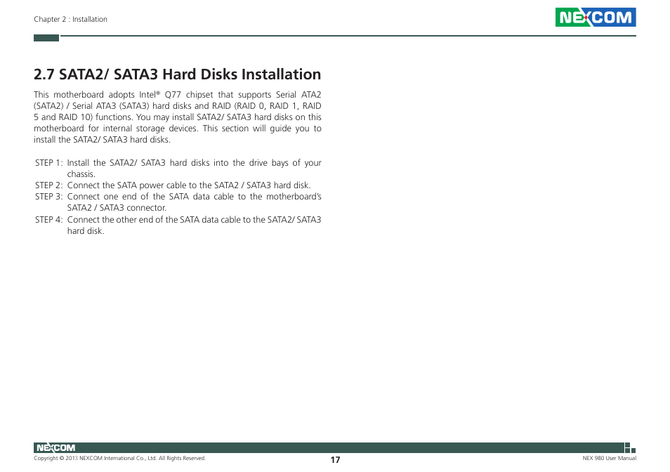 7 sata2/ sata3 hard disks installation | NEXCOM NEX 980 User Manual | Page 28 / 52