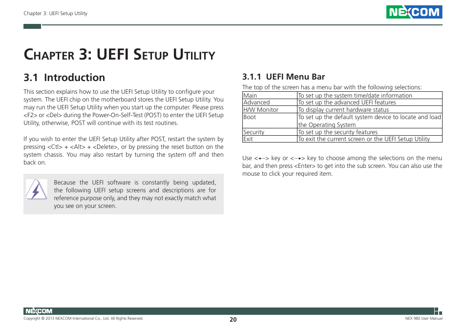 Uefi s, Hapter, Etup | Tility, 1 introduction | NEXCOM NEX 980 User Manual | Page 31 / 52