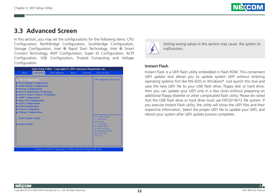 3 advanced screen, Instant flash | NEXCOM NEX 980 User Manual | Page 33 / 52