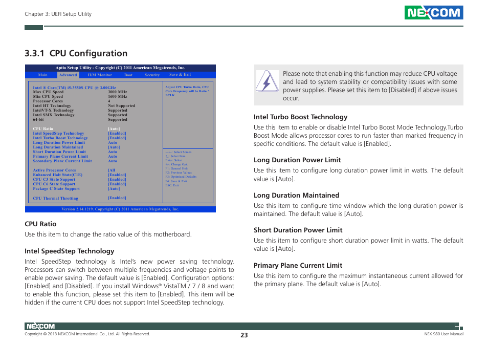 1 cpu configuration, Cpu ratio, Intel speedstep technology | Intel turbo boost technology, Long duration power limit, Long duration maintained, Short duration power limit, Primary plane current limit | NEXCOM NEX 980 User Manual | Page 34 / 52