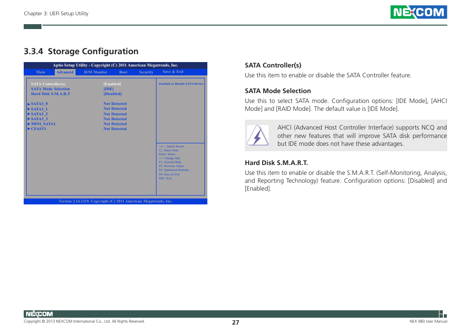 4 storage configuration, Sata controller(s), Sata mode selection | Hard disk s.m.a.r.t | NEXCOM NEX 980 User Manual | Page 38 / 52