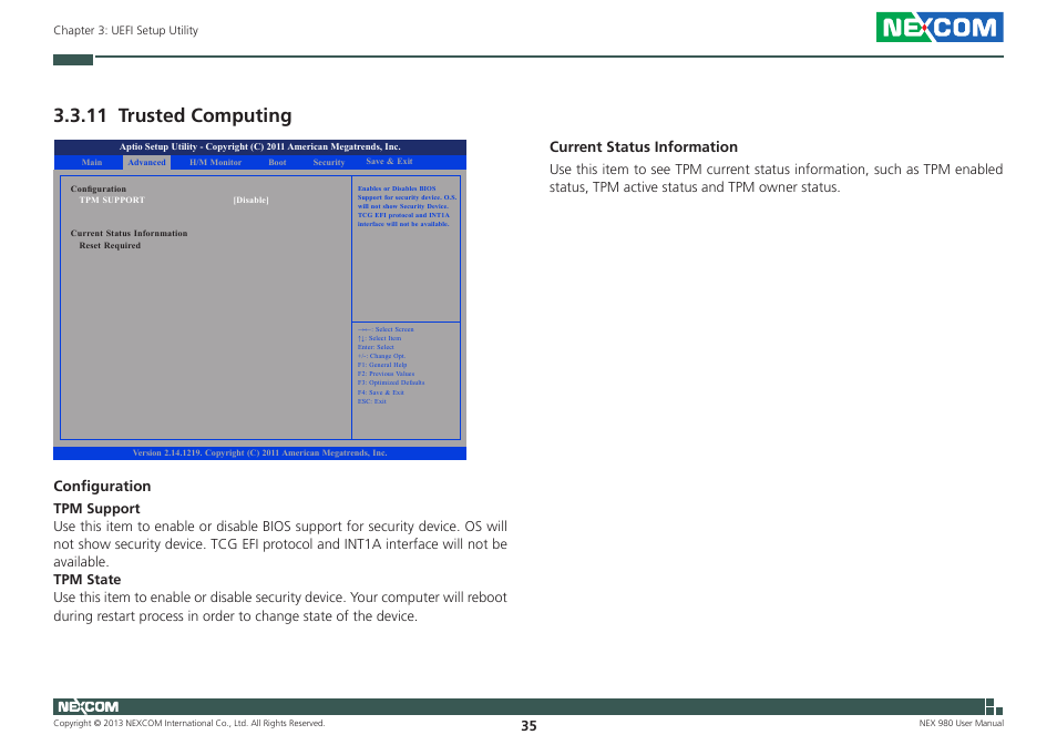 11 trusted computing, Configuration, Current status information | NEXCOM NEX 980 User Manual | Page 46 / 52