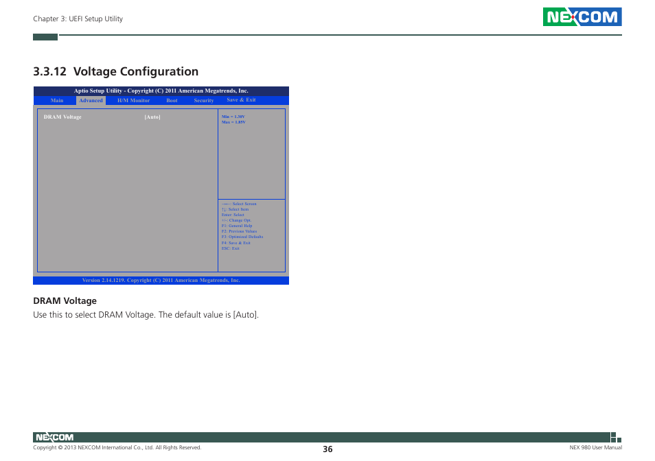 12 voltage configuration, Dram voltage | NEXCOM NEX 980 User Manual | Page 47 / 52