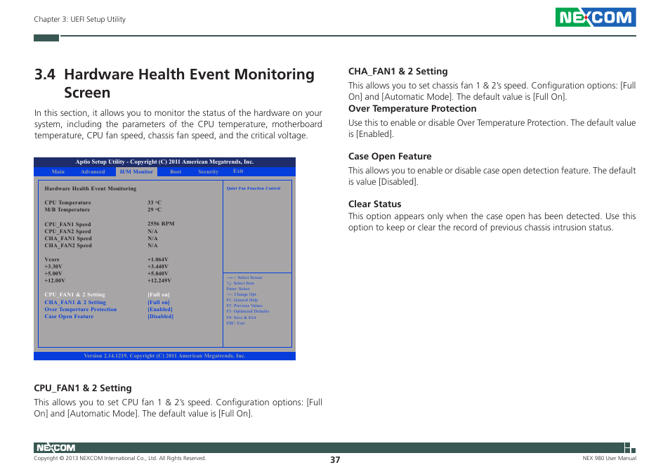 4 hardware health event monitoring screen, Cpu_fan1 & 2 setting, Cha_fan1 & 2 setting | Over temperature protection, Case open feature, Clear status | NEXCOM NEX 980 User Manual | Page 48 / 52