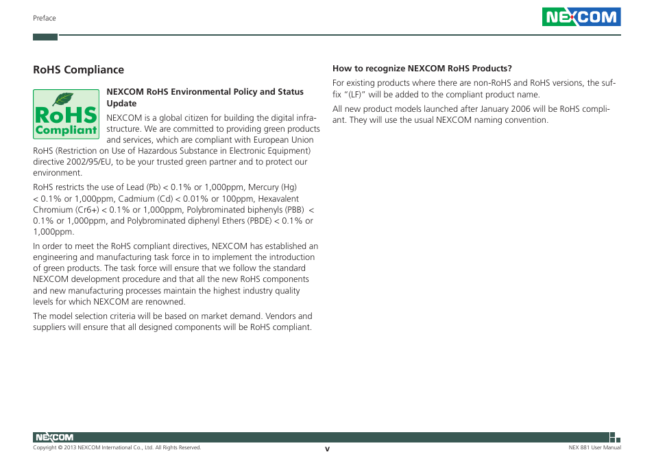 Rohs compliance | NEXCOM NEX 980 User Manual | Page 5 / 52