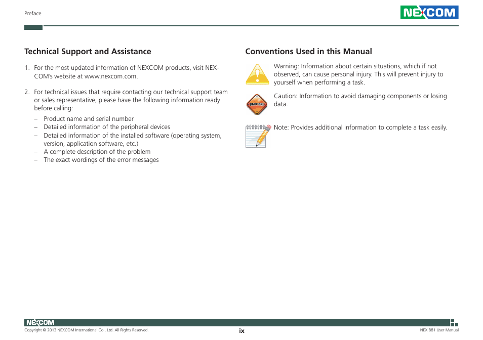 Conventions used in this manual, Technical support and assistance | NEXCOM NEX 980 User Manual | Page 9 / 52