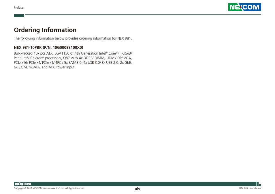 Ordering information | NEXCOM NEX 981 User Manual | Page 14 / 47