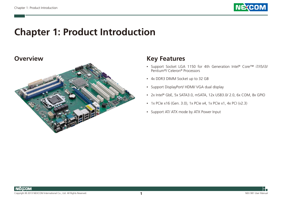 Chapter 1: product introduction, Overview key features, Key features | Overview | NEXCOM NEX 981 User Manual | Page 15 / 47