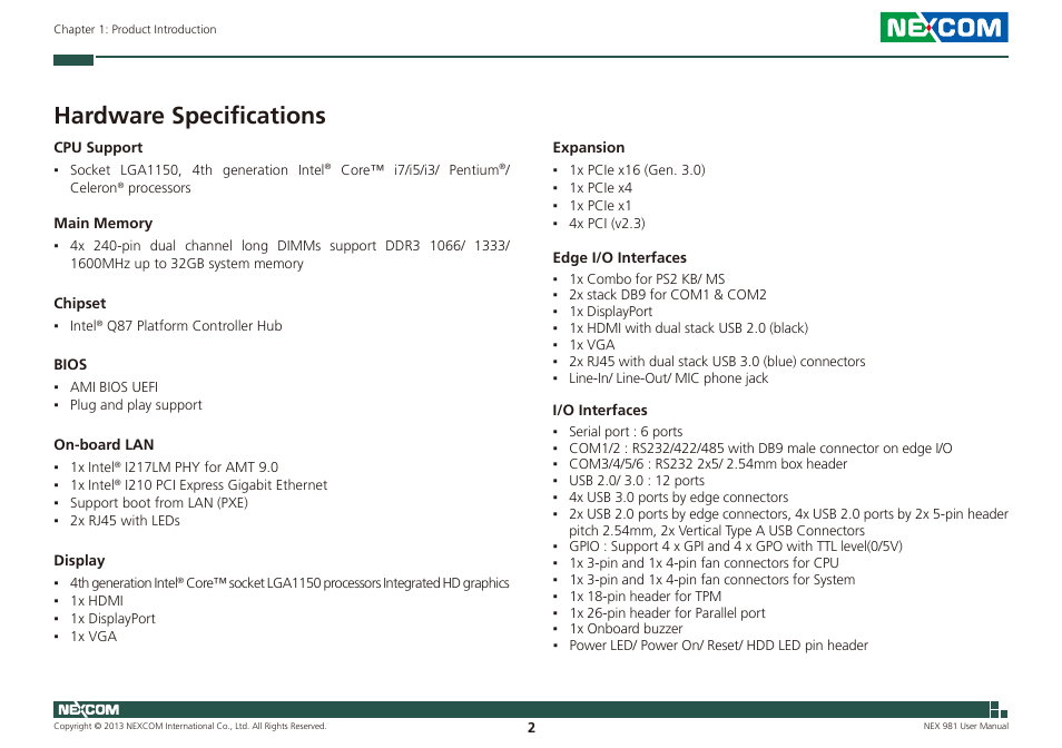 Hardware specifications | NEXCOM NEX 981 User Manual | Page 16 / 47