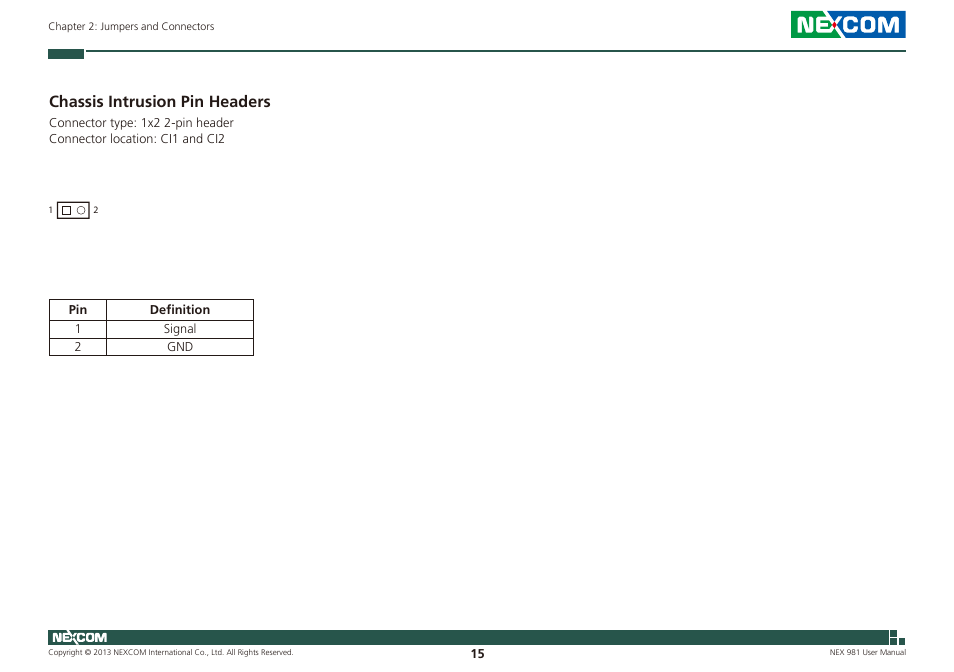 Chassis intrusion pin headers | NEXCOM NEX 981 User Manual | Page 29 / 47