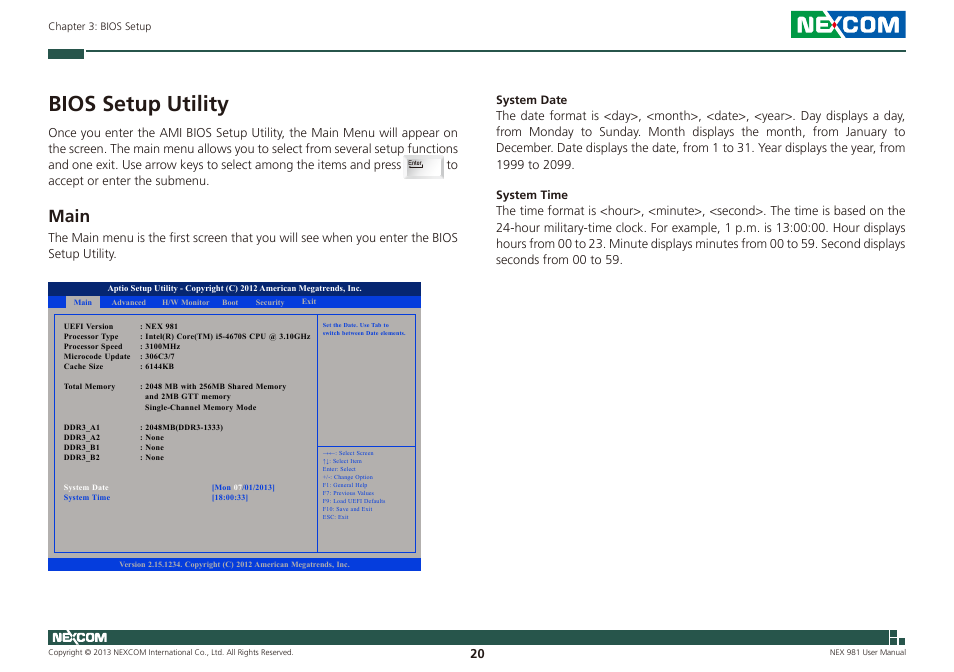 Bios setup utility, Main | NEXCOM NEX 981 User Manual | Page 34 / 47